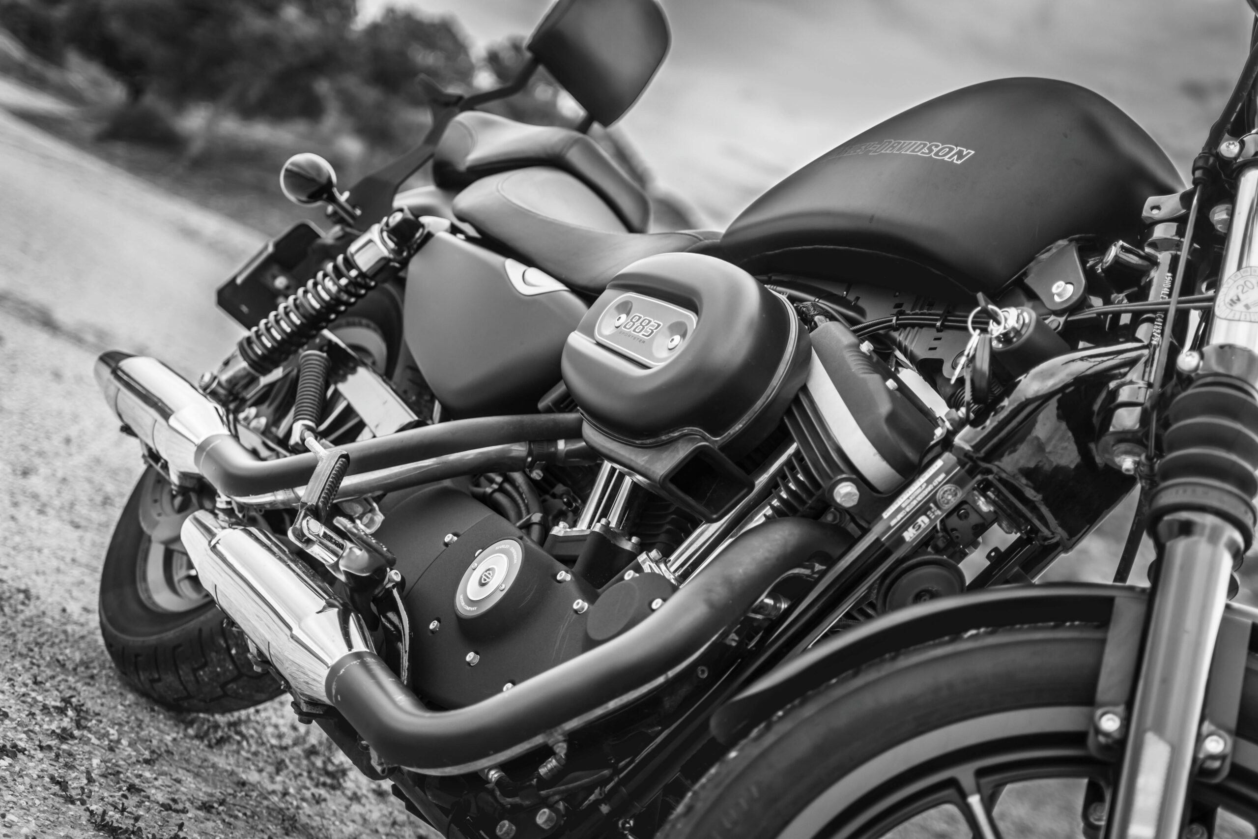 Black and white image highlighting a detailed view of a Harley Davidson motorcycle.